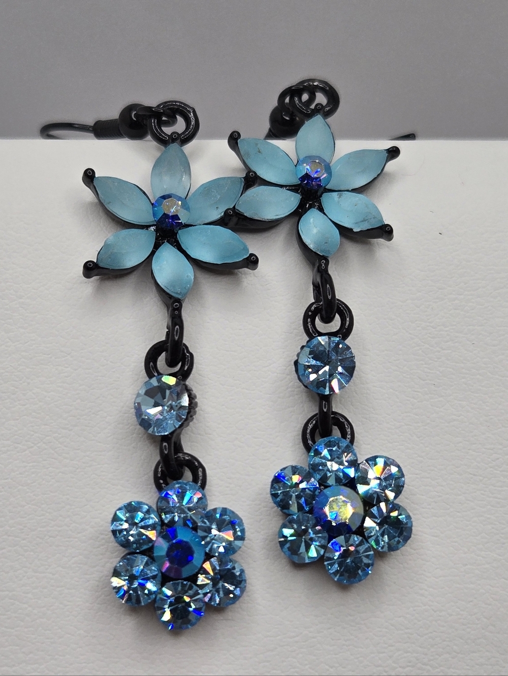 Crystal Flower Dangle Earrings Black Setting 2" Light Blue Sparkly Statement